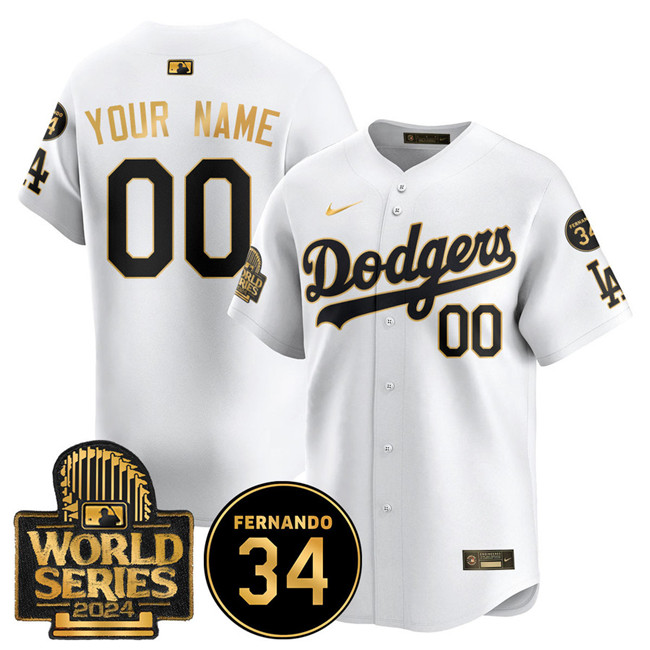 Men's Los Angeles Dodgers Active Player Custom White Gold 2024 World Series With Fernando Valenzuela Memorial Patch Home Limited Stitched Baseball Jersey